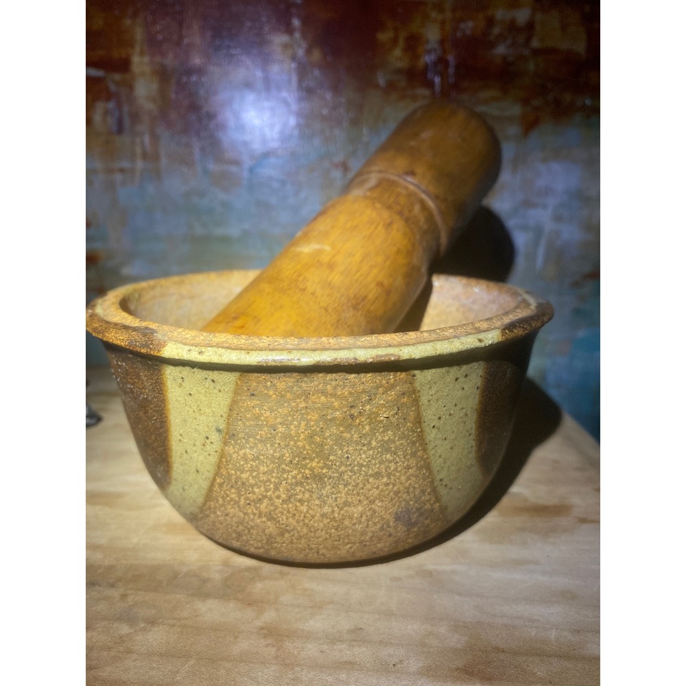 Vintage Studio Pottery Ceramic Mortar and Wood Pestle Set Tan Brown Rustic 6in